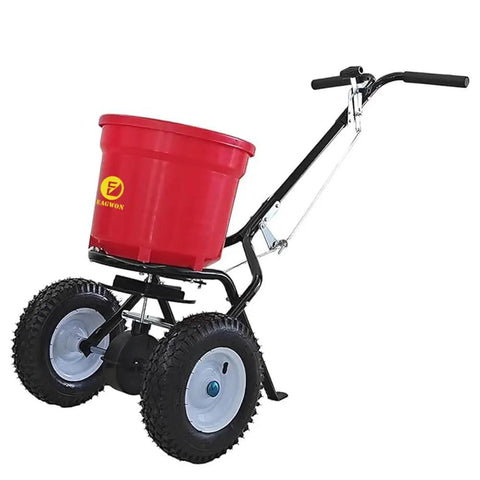50 Pound Lawn And Fertilizer Spreader With Rustproof Poly Hopper And Epoxy Coated Frame, All Terrain Pneumatic Tires, Adjustable Drop Rate, Perfect For Seeding And Fertilizing Lawns, Great For Yard Work, Spreading Granular Materials With Ease, Red.