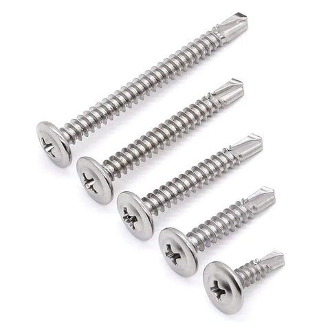 Fifty Pack Of Number 10 By 2 Inch Phillips Wafer Head Self Drilling Screws crafted from tough 410 stainless steel in a row.
