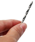Hand holding a 40 Piece Mini Drill Bit Set 0.5mm to 2.0mm straight HSS twist bit, ideal for precise drilling in electronics and DIY repairs.
