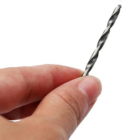 Hand holding a 40 Piece Mini Drill Bit Set 0.5mm to 2.0mm straight HSS twist bit, ideal for precise drilling in electronics and DIY repairs.