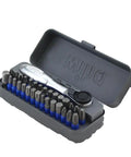 Killer Quality 32 Piece Impact Bit Set With Compact Mini Ratchet And Dependable Magnetic Driver for quick repairs in gray case.