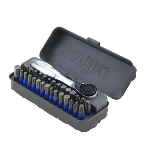 Killer Quality 32 Piece Impact Bit Set With Compact Mini Ratchet And Dependable Magnetic Driver for quick repairs in gray case.