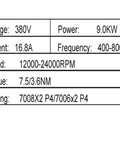Specifications table for Heavy Duty Air Cooled CNC Spindle Motor 9Kw 380V 400Hz 2400Rpm including power and torque details.