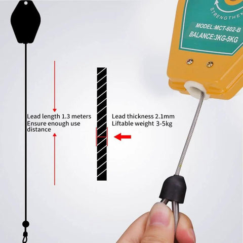 Retractable Spring Balancer for Tools, 3 to 5 kg, close-up of cable with tension and length details shown.