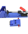 Pocket Hole Jig Wood Joinery Guide With Toggle Clamp And Step Drill Bit, shown in blue, for DIY woodworking joints.