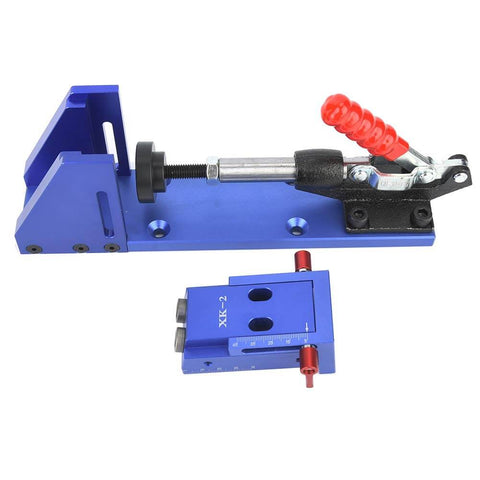 Pocket Hole Jig Wood Joinery Guide With Toggle Clamp And Step Drill Bit, shown in blue, for DIY woodworking joints.