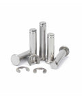 Heavy Duty Stainless Steel Flat Head Dowel Pins With Slick Cylindrical Pilot Rolls And Reinforced Shaft Circlips on white background.