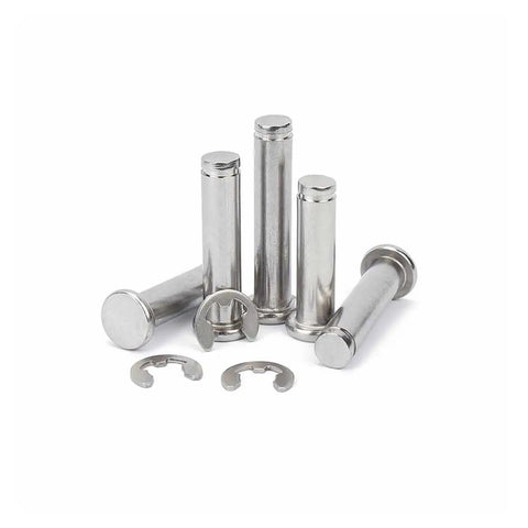 Heavy Duty Stainless Steel Flat Head Dowel Pins With Slick Cylindrical Pilot Rolls And Reinforced Shaft Circlips on white background.