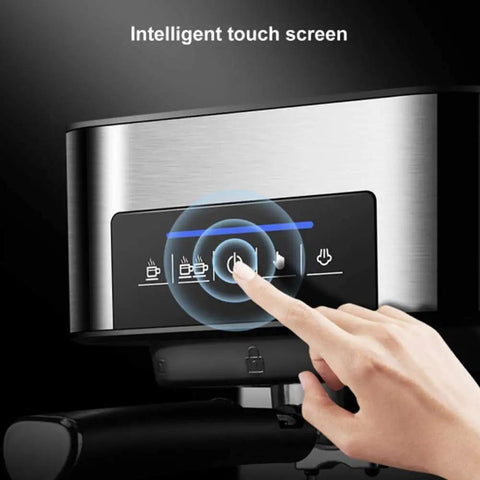 Heavy Duty Semi Automatic Espresso Maker With Built In Milk Frother And Rust Proof Stainless Steel Finish showing intelligent touch screen controls.