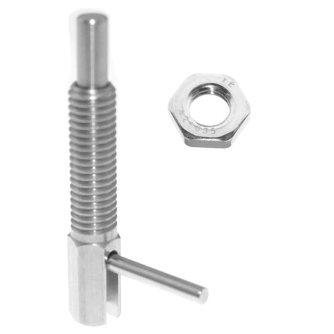 Heavy Duty M8 Telescopic L Shaped Plunger Pin With Nut, stainless steel, spring loaded, for cabinetry and automotive use.