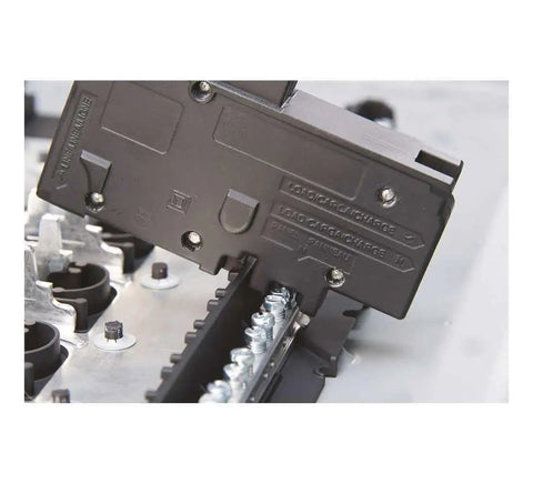 Rock Solid 100 Amp 120 240 Volt Electrical Load Center With 20 Spaces And 40 Circuits Combination Mount Main Breaker Panel Box close-up of circuit breaker installation.