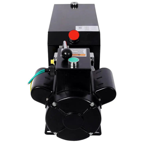 Heavy Duty Single Acting Hydraulic Power Unit With Steel Reservoir Pump For Dump Trailer Lift Gate Log Splitter Car Lift And Hydraulic Equipment Black Heavy Load from front view.