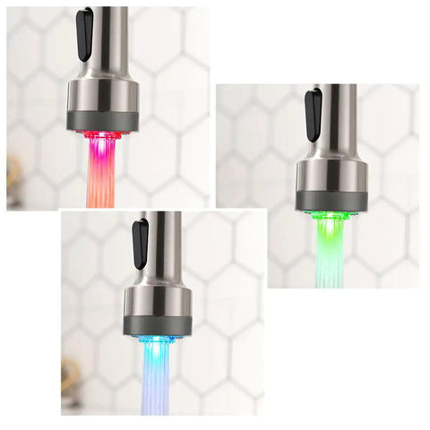 LED Light Kitchen Faucet With Pull Down Sprayer Dope Style Sus304 Stainless Steel Industrial Single Handle Brushed Nickel Finish