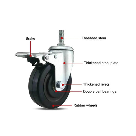 Heavy Duty Quiet Caster Wheels With Brakes Rubber Swivel Castors For Carts Workbenches And Furniture Threaded Stem M M M Rolling Plate