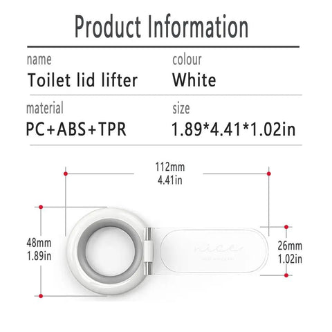 Touch Free Toilet Lid Lifter Two Pack White showing dimensions and material composition PC, ABS, TPR