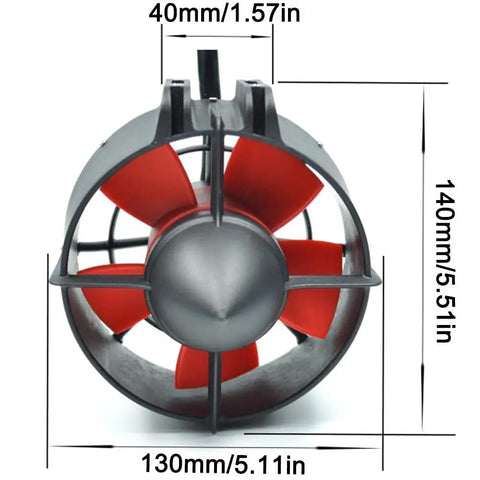 Front view of Beefy Underwater Thruster Max 24V 1080W Brushless Motor with CCW three blade nylon propeller and dimensions