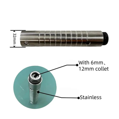 Slick 11.8 Inch Extension Air Die Grinder With 6mm And 12mm Collets, stainless steel design showcasing collet attachment.