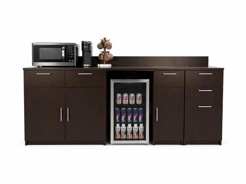 No Sweat Breakroom Cabinet With Mini Fridge Cutout And Three Spacious Drawers Fully Assembled Coffee Prep Station.