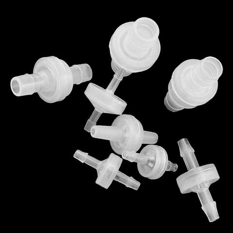 Clear plastic one-way check valves with 1/8 in hose barb, pack of 3