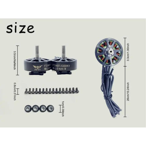 Dimensions of Powerful 1300KV Brushless Drone Motor For 2S To 6S Li-ion with accessories, screws, and bearings