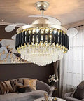 Slick Modern Invisible Ceiling Fan Light Combo Featuring Hella Bright Led Bulbs, round chandelier style in black and gold, ideal for living room.