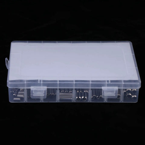 Heavy Duty Stainless Steel Spring Pins 280 Pack Set in clear storage box, organized for garage auto repair use.