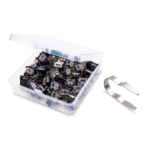 Open box of 32 Pack 3 Pin Tactile Brown Switches for Mechanical Gaming Keyboards with removal tool included