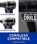 Portable Cordless Drill Connect Paint Sprayer Featuring A Compact Application Cup And High Pressure Output For Fast Wood Staining And Indoor Finishing Jobs That Knock Out Chores Like A Champ - 1/4" drill/driver and 1/4" impact driver.