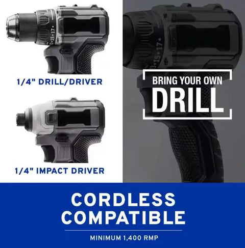 Portable Cordless Drill Connect Paint Sprayer Featuring A Compact Application Cup And High Pressure Output For Fast Wood Staining And Indoor Finishing Jobs That Knock Out Chores Like A Champ - 1/4" drill/driver and 1/4" impact driver.