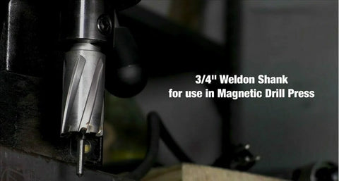 High-speed steel annular cutter, 5/8 in diameter by 1 in long, with 3/4 in Weldon shank for magnetic drill press.