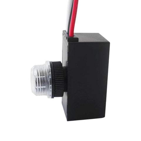 Side view of Auto On Off Dusk To Dawn Photoelectric Sensor Switch 12V DC 10A Outdoor Lighting Control, black housing, transparent lens.