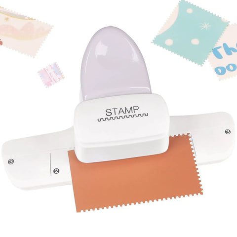 Adjustable Postage Stamp Border Punch For Scrapbooking And Card Making in mauve finish on white background with stamp-shaped paper