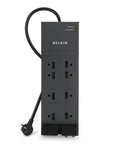 Eight Outlet Surge Protector Power Strip With 12 Foot Heavy Duty Extension Cord UL Listed 3550 Joules Flat Plug For Home Office And Computer Charging Tidy Desk With Safe Reliable Power Hub, black