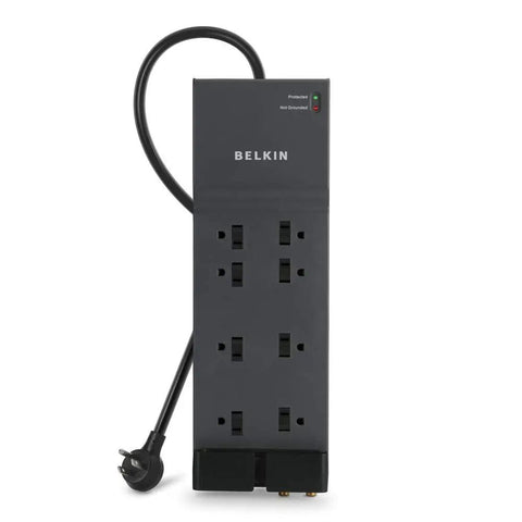 Eight Outlet Surge Protector Power Strip With 12 Foot Heavy Duty Extension Cord UL Listed 3550 Joules Flat Plug For Home Office And Computer Charging Tidy Desk With Safe Reliable Power Hub, black
