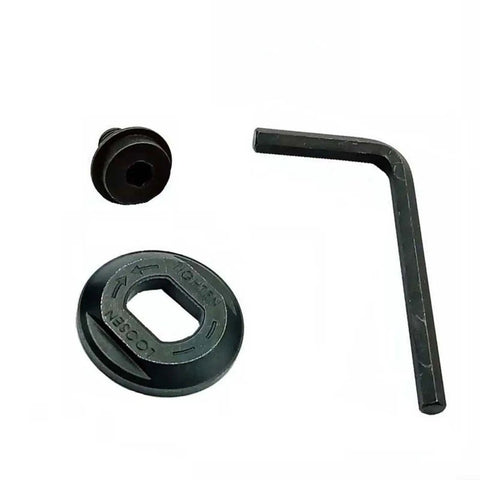 Circular Saw Blade Bolt With Outer Flange Washer And Hex Key Wrench Kit For DCS391 And DCS390 Replacement Parts You Gotta Have Pro Grade All In One Fastener Set For Quick Maintenance, showing bolt, flange, wrench.