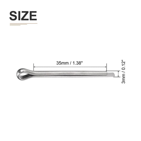 Heavy Duty 3mm By 35mm Cotter Clip Pins 60 Pack For Machinery, showing size dimensions in silver stainless steel