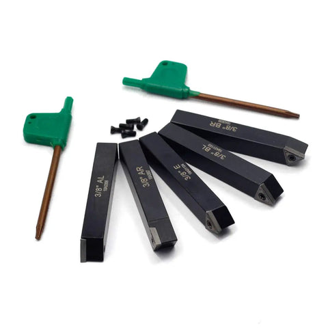 Three Eighths Inch Mini Indexable Lathe Turning Tool Holder Set, Five Piece With AL AR BL BR E Holders And Five TCMT C6 Carbide Inserts