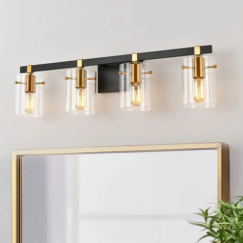 5-Light Industrial Style Bathroom Vanity Light Not Dimmable Fixture With Matte Black Finish Brushed Gold Copper Accent Sockets