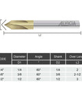 ALYICIA carbide chamfer end mill with 60° V-groove, 4 flutes, 1/4 in shank, gold-coated cutting edges.