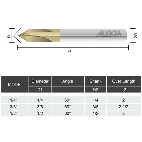 ALYICIA carbide chamfer end mill with 60° V-groove, 4 flutes, 1/4 in shank, gold-coated cutting edges.