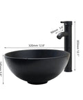 Dope Matte Black Vessel Sink Set With Faucet And Pop Up Drain, 12.8 Inch Round Ceramic Above-Counter Bathroom Sink