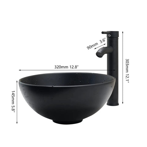 Dope Matte Black Vessel Sink Set With Faucet And Pop Up Drain, 12.8 Inch Round Ceramic Above-Counter Bathroom Sink