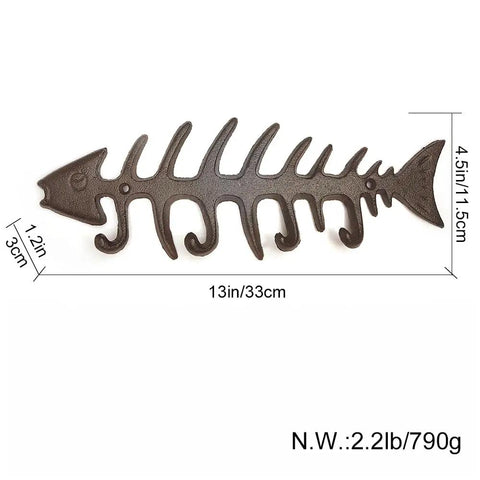 Handcrafted Cast Iron Fish Bone Wall Hooks Vintage Coastal Coat Rack And Entryway Key Holder With Mounting Screws, 13x4 inches