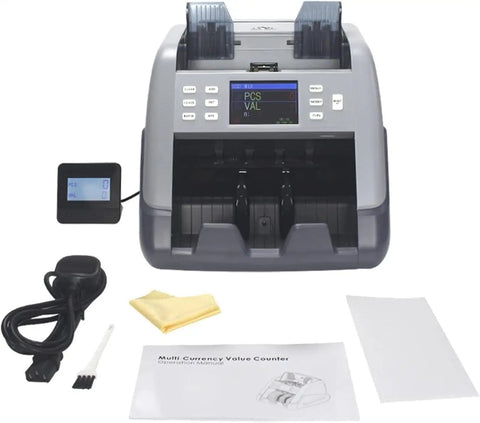 Heavy Hitter Multi Currency Bill Counter Machine With Auto Currency Identification And Error Detection displayed with accessories and user manual.