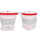 Pink 6 Liter Mini Foldable Washing Machine With Negative Ion Tech Lightweight Portable Clothes Cleaner collapsible design with red accents.