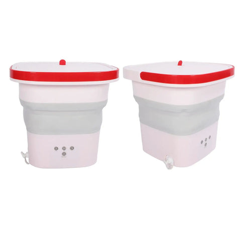 Pink 6 Liter Mini Foldable Washing Machine With Negative Ion Tech Lightweight Portable Clothes Cleaner collapsible design with red accents.