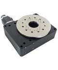 Premium Motorized Rotary Positioning Stage delivering dead on accuracy, compact black electric rotary table with stainless steel top.