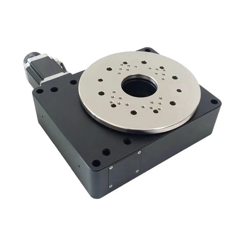 Premium Motorized Rotary Positioning Stage delivering dead on accuracy, compact black electric rotary table with stainless steel top.