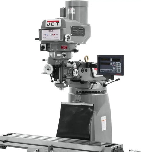 JTM-4VS Mill With 3-Axis DP700 DRO Quill And X-Axis Powerfeed, showing control panel and chrome quill for precision metalworking