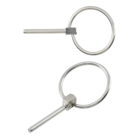 4 Pack Beefy Stainless Steel Locking Lynch Pins with Rings 1/8 to 1-3/8 Inch, heavy duty trailer hitch pins, shown in silver